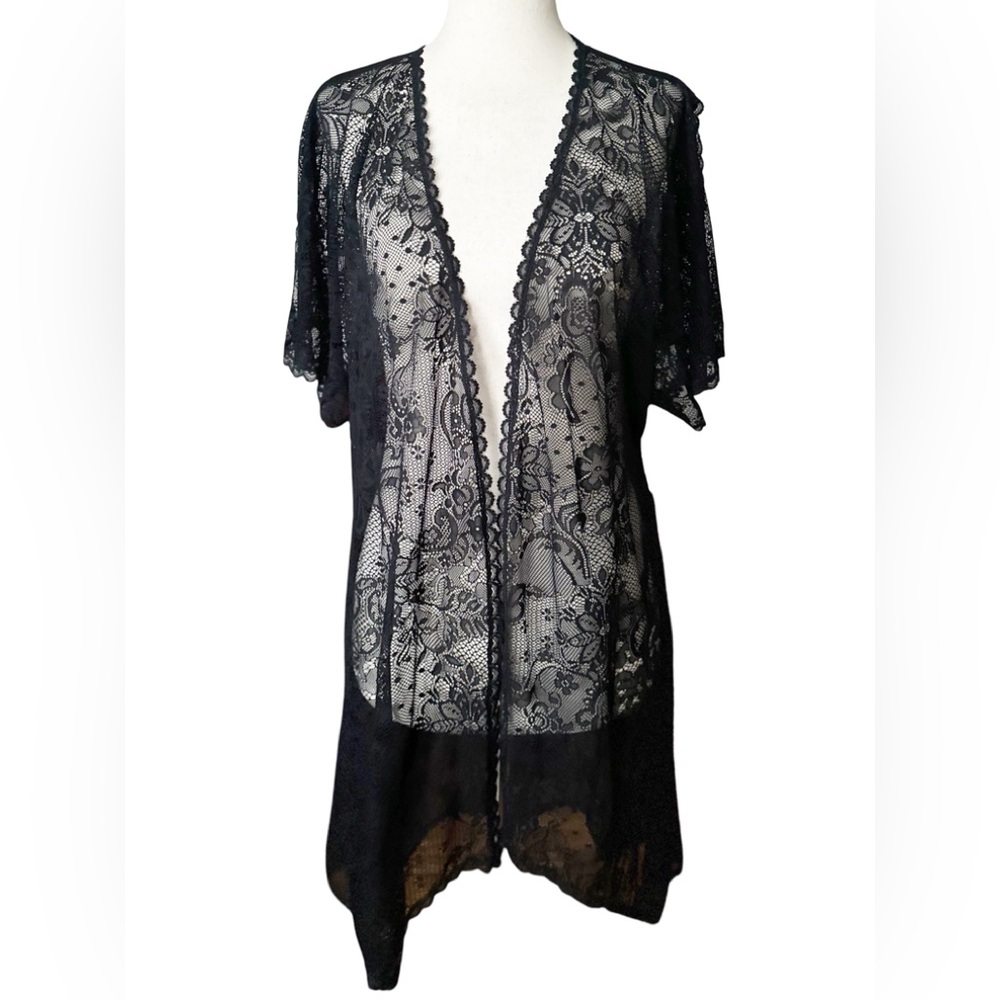 Vintage Jonquil Diane Samandi Lace Robe Jacket  Small Black High Low Hem No Belt